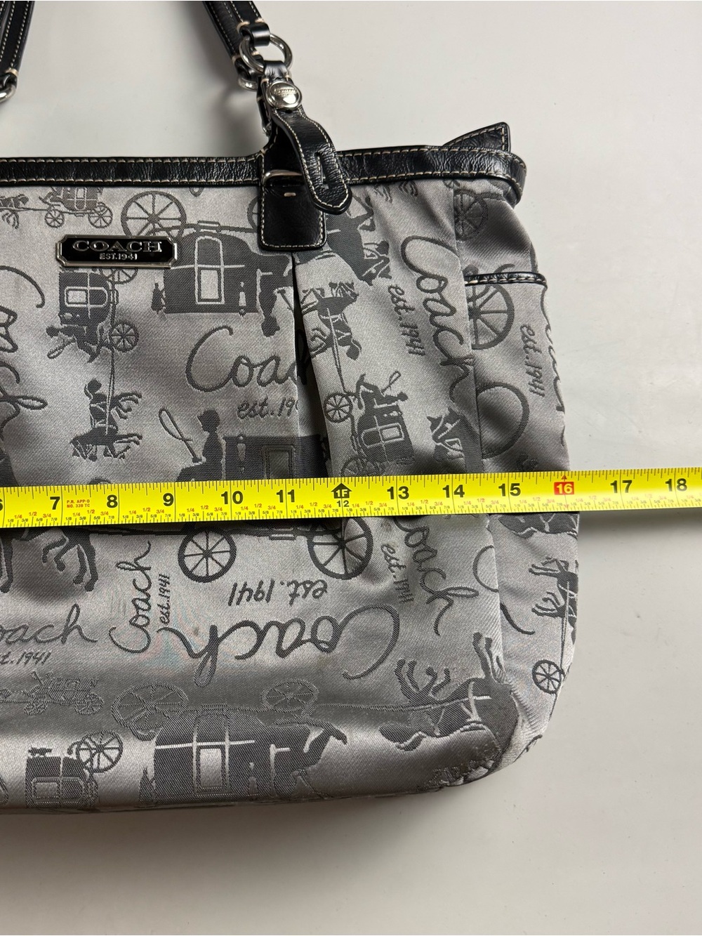 Coach Horse & Carriage Satin Jacquard Logo Tote Shoulder Bag Silver Gray Black - Picture 10 of 10